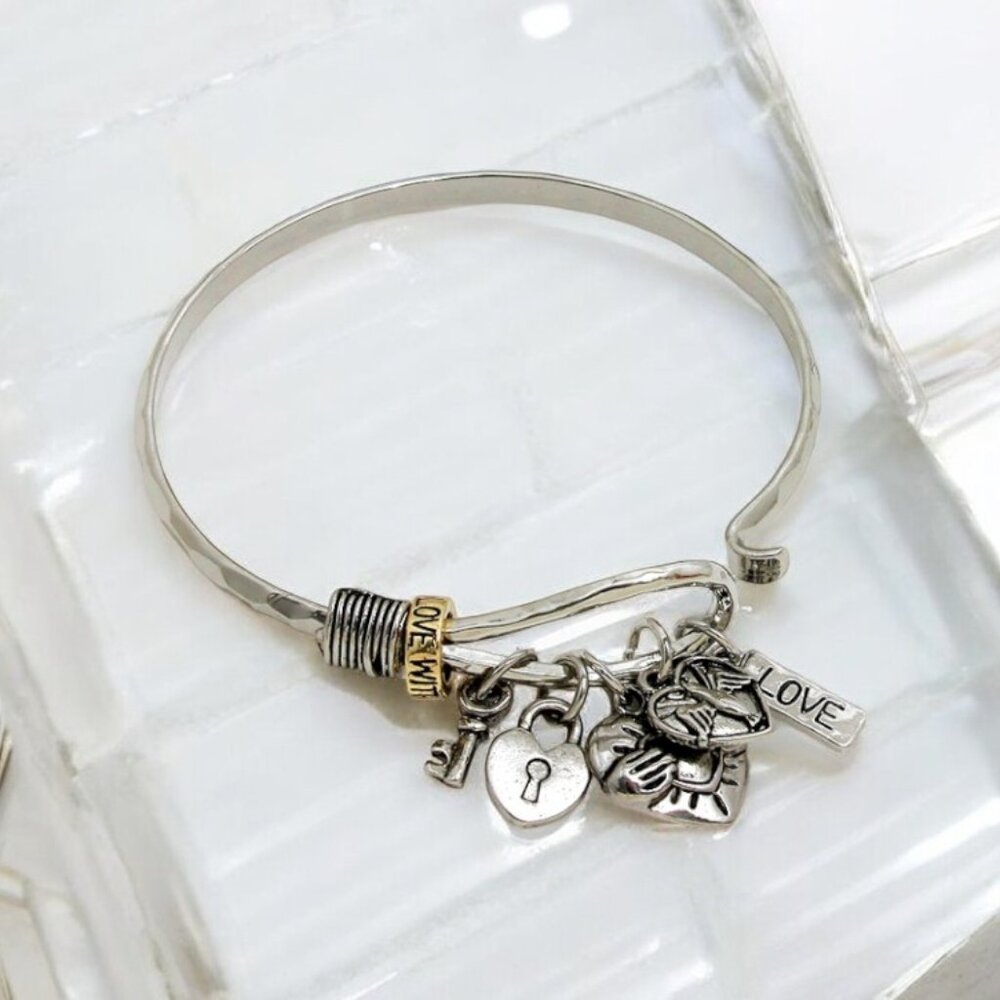 Antique Rhodium "Love" Claddagh & Heart Key Charm Hook Bracelet